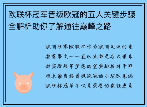 欧联杯冠军晋级欧冠的五大关键步骤全解析助你了解通往巅峰之路
